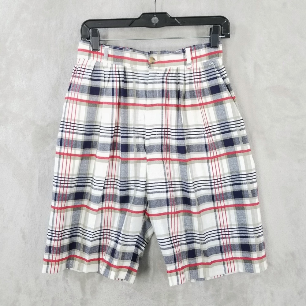 Vintage Shorts Women 27" (S) High Waist Pleated Plaid Pockets Bermudas USA Made